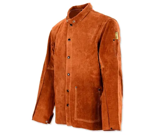 Brown suede leather welding jacket with button closure and pockets, designed for flame resistance.