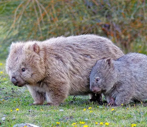 Two baby wombats standing in grass. Breeding habits "Wombat".