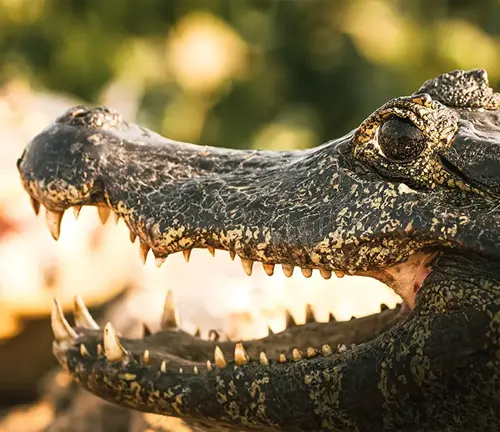 A close-up of the mouth of a Black Caiman Crocodile, showing sharp teeth and textured scales.