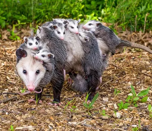 A Southern Opossum mother carrying her babies on her back while nesting and denning.