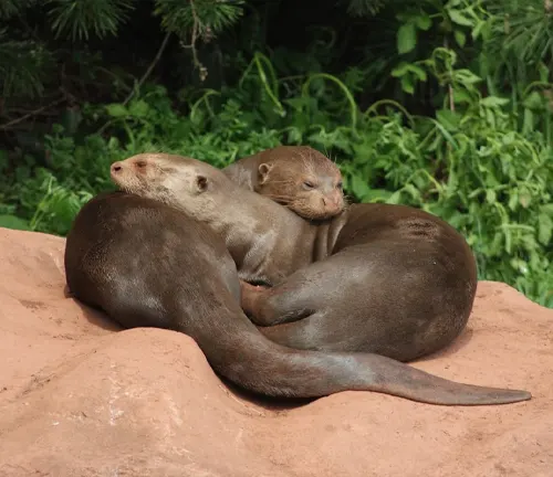 Two giant otters cuddle on a rock in the zoo during "Giant Otter" Breeding Season.