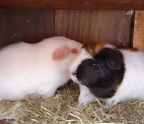 Two Coronet Guinea Pigs in a cage together.