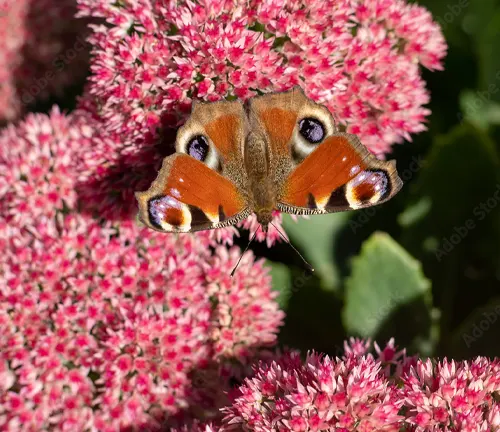 A Peacock Butterfly pollinating pink flowers with a green background.