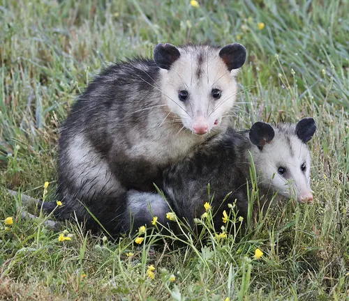 Two opossums sitting in grass with yellow flowers, showcasing "Southern Opossum" mating behavior.
