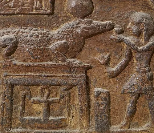 Egyptian relief of man and Nile Crocodile, symbolizing power and danger in Ancient Egypt.