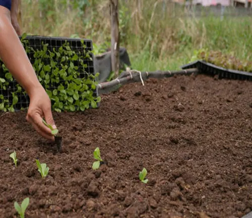 Hand planting seedlings from a tray into the soil