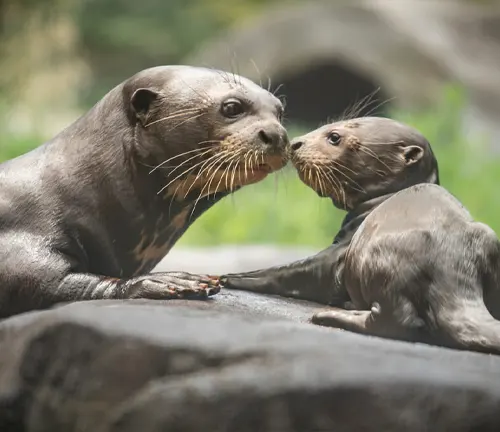 Two otters affectionately kiss on a rock, showcasing the "Giant Otter" species' remarkable parental care.