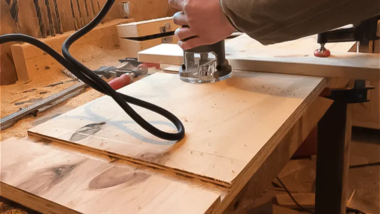 Hand operating a router on a plywood sheet in a woodworking workshop, illustrating a basic routing technique