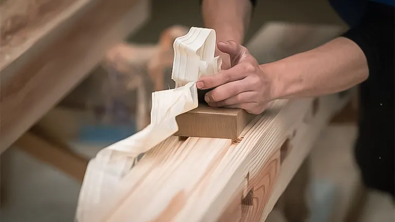 Hand applying a plane to a wooden beam, demonstrating a fundamental woodworking technique for smoothing surfaces