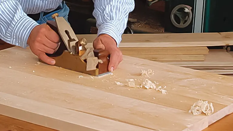 Person using a hand plane on a wooden surface, creating shavings, indicative of basic woodworking planing