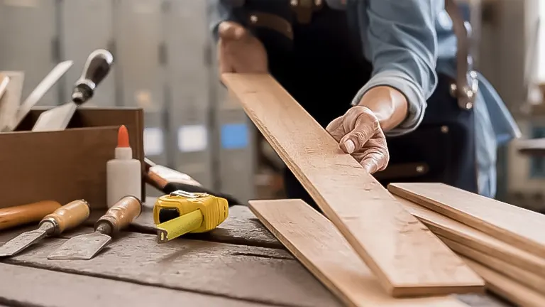 Craftsperson examining a wooden board in a workshop with woodworking tools and measuring tape on the table