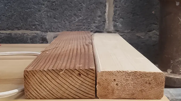 Two wooden planks with visible end grain, one stained and one natural, illustrating wood types in woodworking