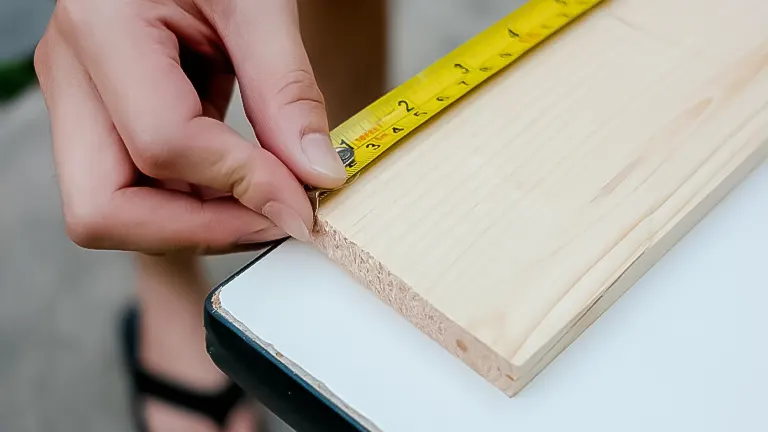 Close-up of hands measuring a wooden board with a tape measure, demonstrating basic woodworking measurement