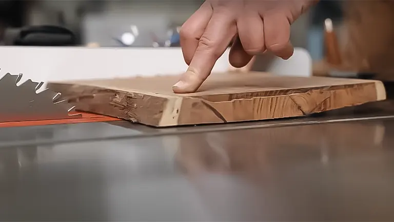 Hand pointing to a wooden board on a table saw near the blade, illustrating a woodworking measurement step