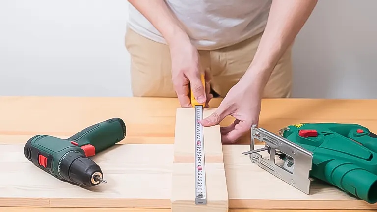 Person measuring a wooden plank with a ruler, with a cordless drill and circular saw nearby, depicting essential woodworking tools and measurement