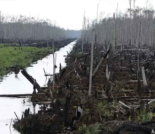 Barren river landscape with dead trees, symbolizing habitat loss for the "Giant Otter".