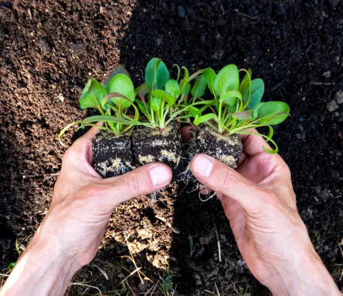 Hands holding a clump of soil with small green plants