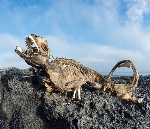 A deceased marine iguana lies motionless on the rocks, highlighting the threats and conservation status of this species.