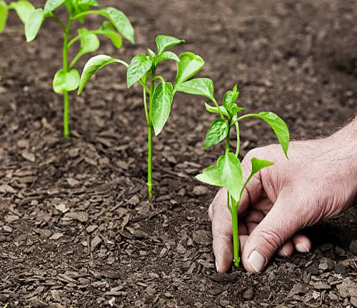 Hand planting young seedlings in rich soil.