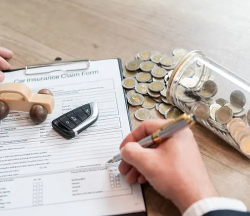 Person filling out a car insurance claim form with coins and car key on table.