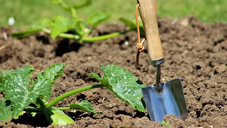 A garden trowel embedded in rich, dark soil near a young squash plant with vibrant green leaves under sunlight.