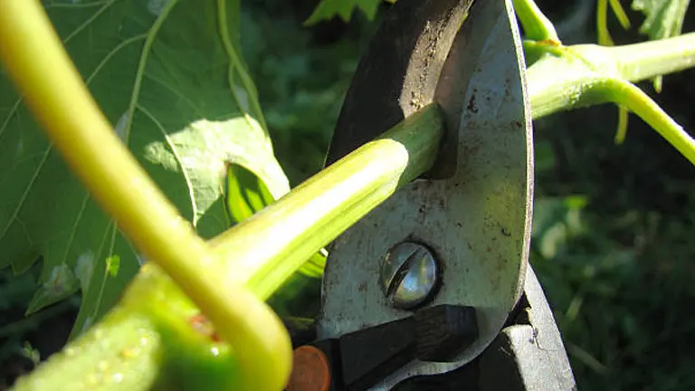 Close-up of garden pruning shears cutting a green stem, with plant leaves in the background.