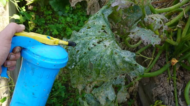 A hand spraying a blue chemical from a garden sprayer onto a diseased plant leaf with holes and browning edges.