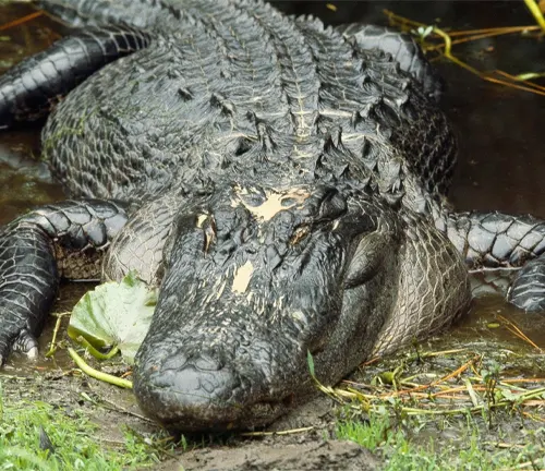 A close-up image of an American Crocodile resting on the riverbank, showcasing its scaly skin and sharp teeth.