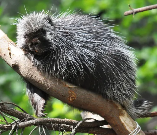 North American Porcupine with sharp quills covering its body, standing on a tree branch.