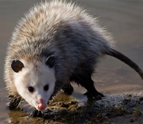 A Virginia Opossum, North America's only marsupial, with gray fur and a long, hairless tail, standing on all fours in the forest.