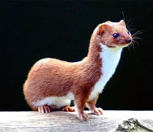 Small brown and white least weasel with a long body and short legs, standing on a rock in a grassy field.