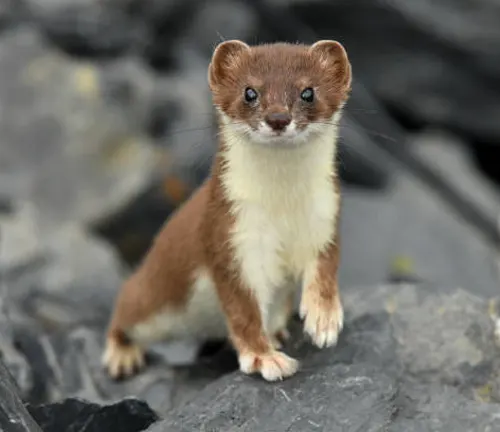 A stoat standing on rocks.