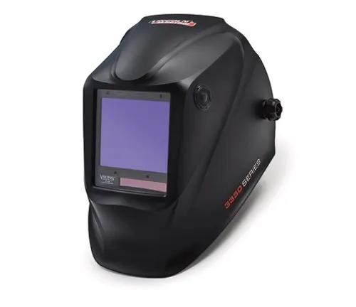 Lincoln Electric Viking 3350 Series welding helmet with a large auto-darkening lens, in matte black finish.