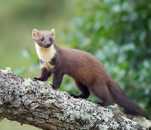 A European Pine Marten standing on a branch in the woods.