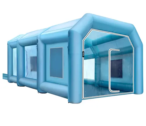 A portable, blue inflatable paint booth with transparent windows and an extended entrance tunnel.