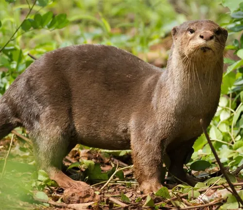 A Smooth-coated Otter standing in grass and leaves.