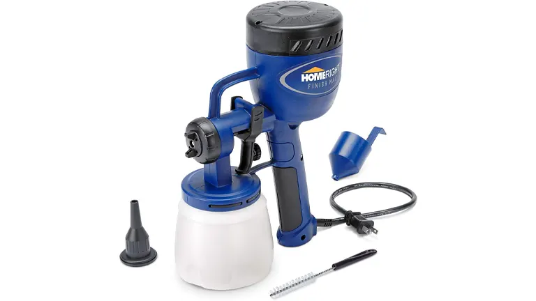 A blue and white HomeRight Finish Max paint sprayer with a viscosity cup and cleaning brush.