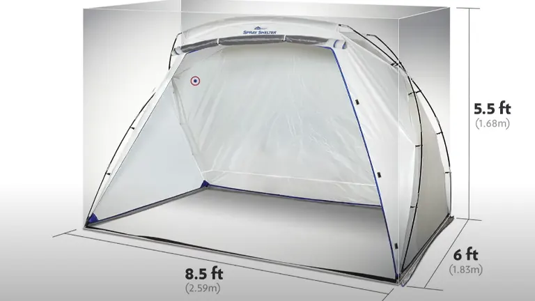 A HomeRight Large Spray Shelter with dimensions labeled, showing a width of 8.5 feet, a depth of 6 feet, and a height of 5.5 feet.