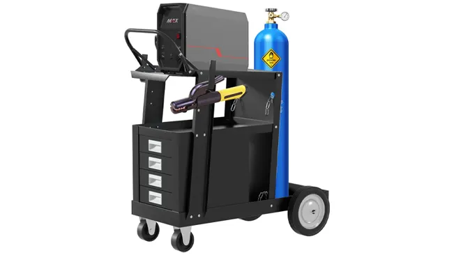 A fully equipped Ocforiya Iron Rolling Welding Cart with drawers, a gas tank, and welding equipment.