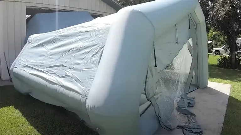 An inflatable paint booth in the process of being set up outside, with one side inflated and the entrance open.