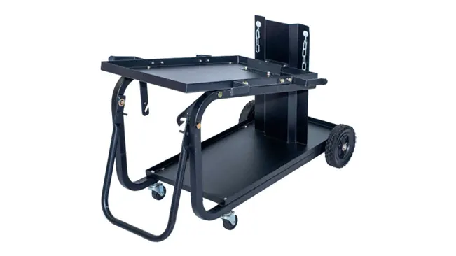 Angled view of Metal Man UWC2XL Universal Welding Cart with fold-down handle on a white background.