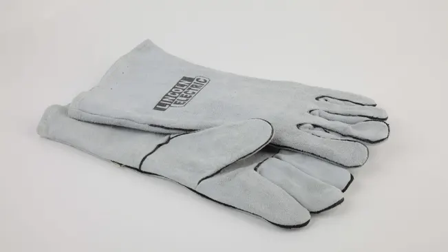 Grey Lincoln Electric KH641 welding gloves laid out flat on a white background.