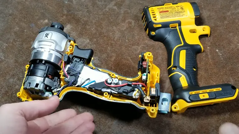 An opened DEWALT 20V Max XR drill showing its internal components, including the motor, wiring, and gears, alongside a disassembled chuck and the outer casing, with a hand for scale.