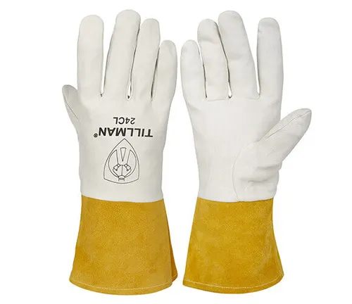 A pair of Tillman 24C white and yellow leather TIG welding gloves.