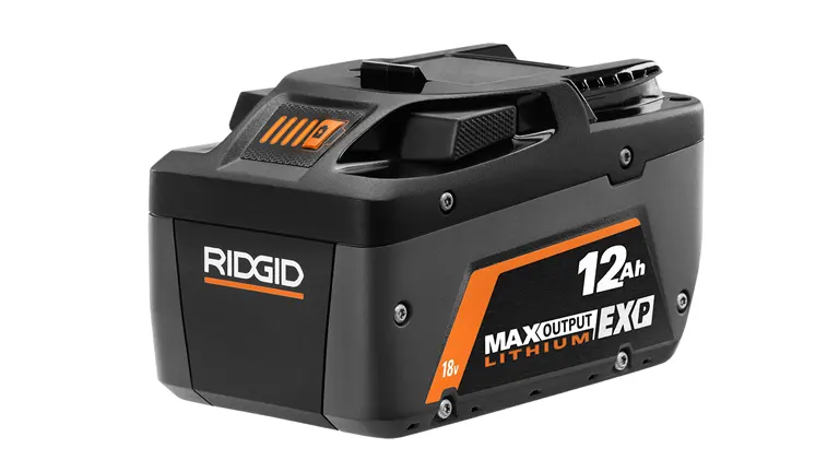 A black and orange RIDGID 18V 12Ah MAX Output XP Lithium-ion battery isolated on a white background.