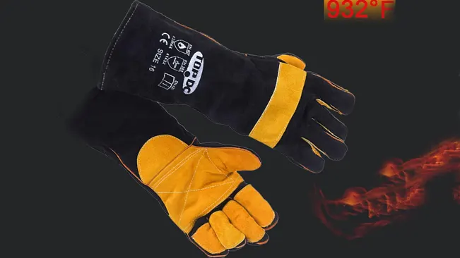 TOPDC 16-inch black and tan welding gloves with 932°F heat resistance, against a dark background with flames.