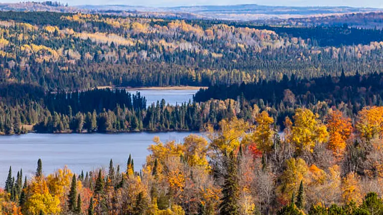 A view of Superior National Forest in autumn, showcasing a tapestry of fall colors with a lake nestled among the trees.