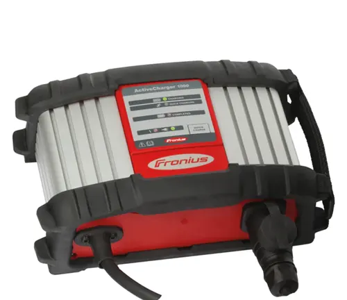Fronius ActiveCharger 1000 for welding equipment with a red and silver design and attached cables.