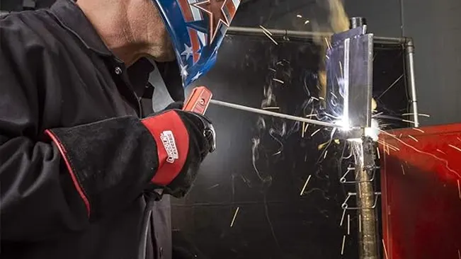 Welder in a black Lincoln Electric K2985 flame-resistant jacket and welding helmet, actively welding with visible sparks.