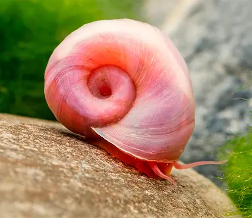 A "Ramshorn Snail" with a pink shell perched on a rock.